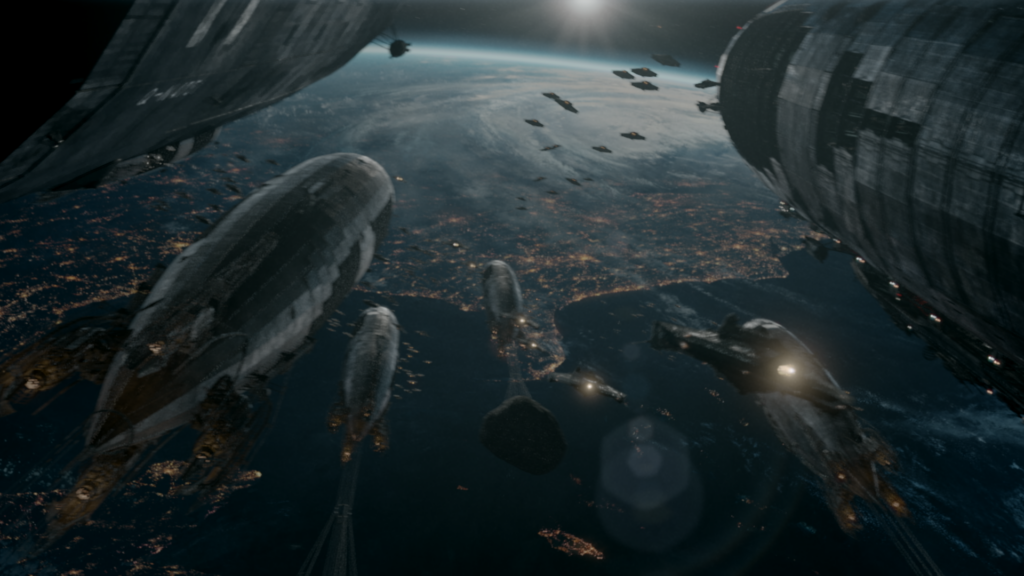 CG fleet of spacecraft in orbit above Earth at night, city lights glowing below