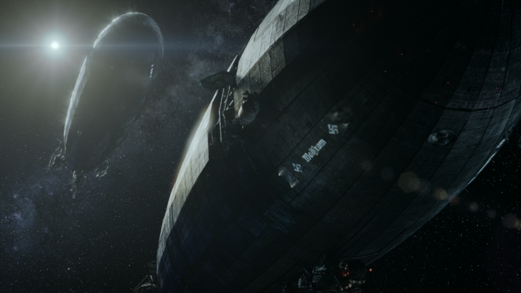 CG spacecraft in orbit with a moon and starfield behind it, from Iron Sky